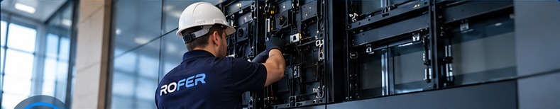 Técnico instalando módulos de pantalla